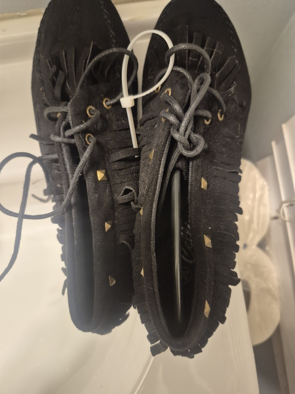 Women's Black Fringe Moccasin Shoes with Gold Stud Accents